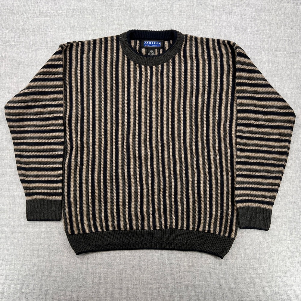 VTG 90s Jantzen Classics Sweater Men Large Black‎ Beige Stripe Retro Cosby Dad